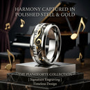 musical ring, golden music ring, treble clef ring, piano keyboard ring, music note jewelry, stainless steel ring, musician gift, music lover jewelry, musical statement ring, golden fashion jewelry, pianist accessories, artistic band ring, music themed gifts, unique musical jewelry, gift for musicians.