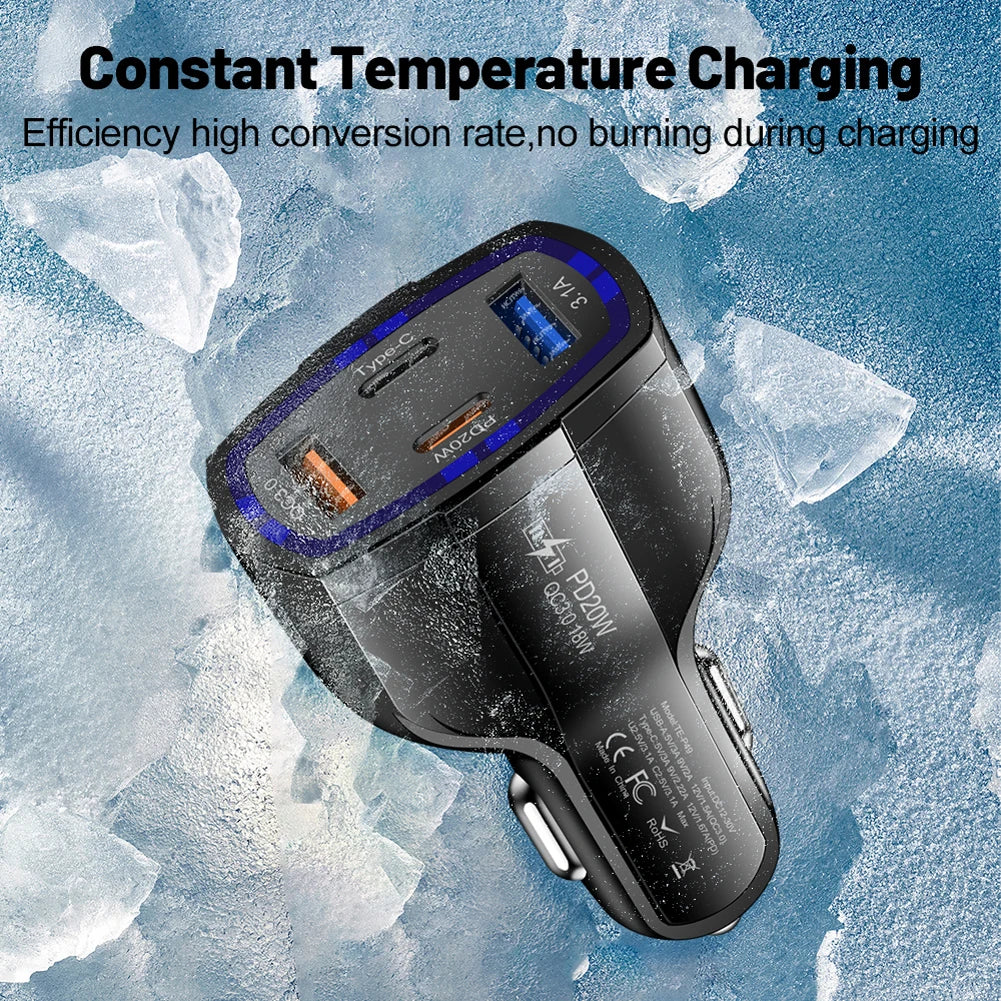 Car Power Adapter PD 20W - 4-in-1 Car Cigarette Lighter Charger with QC3.0, 18W, 2USB+2PD USB Type C - Fast Charging