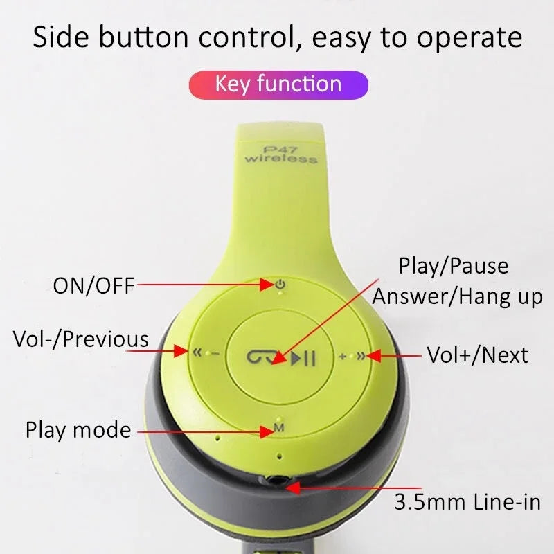 P47 Bluetooth 5.0 Wireless Headphones: Foldable HiFi Stereo Bass with Mic & USB Adapter