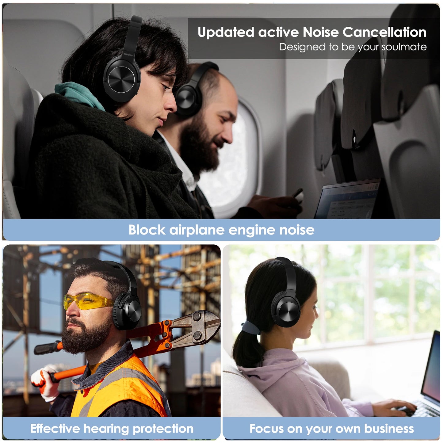 Wireless Active Noise Cancelling Headphones, Over Ear Bluetooth 5.3 Headset, 65 Hours Playback, Deep Bass, Built-in Mic