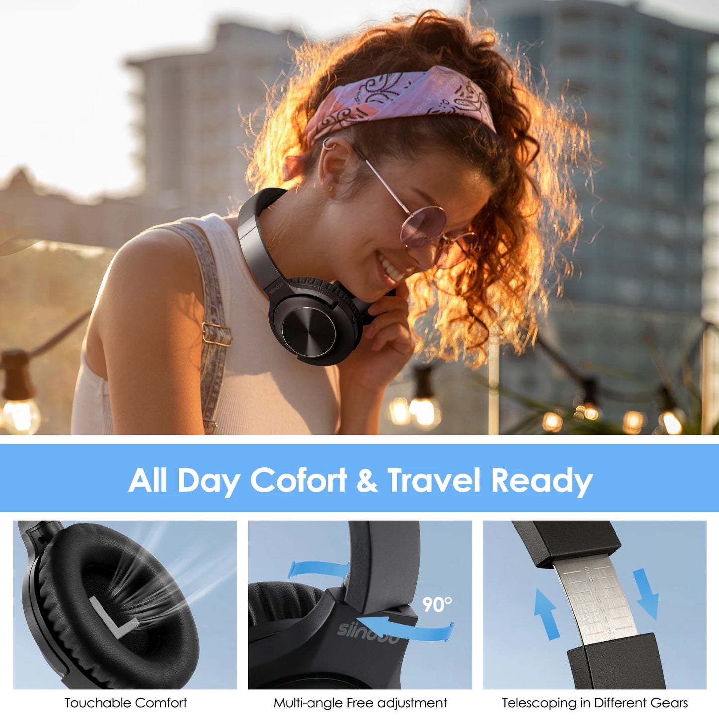 Wireless Active Noise Cancelling Headphones, Over Ear Bluetooth 5.3 Headset, 65 Hours Playback, Deep Bass, Built-in Mic