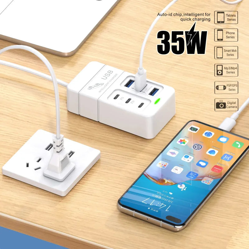 35W 6-Port USB Charger PD Type-C Quick Charge Adapter EU/US Plug