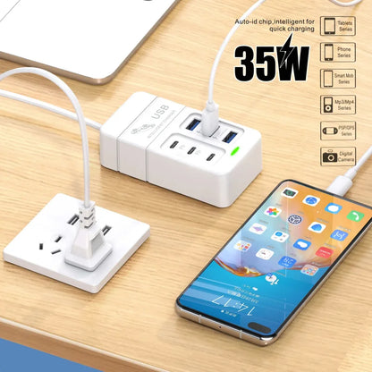 35W 6-Port USB Charger PD Type-C Quick Charge Adapter EU/US Plug