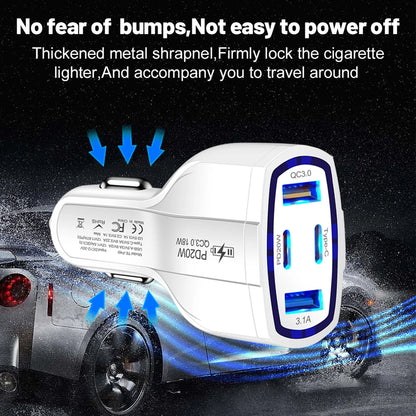Car Power Adapter PD 20W - 4-in-1 Car Cigarette Lighter Charger with QC3.0, 18W, 2USB+2PD USB Type C - Fast Charging