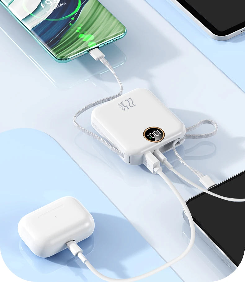 10000mAh Cute and compact portable power bank, 22.5W super fast charging, built-in cable, suitable for Phone