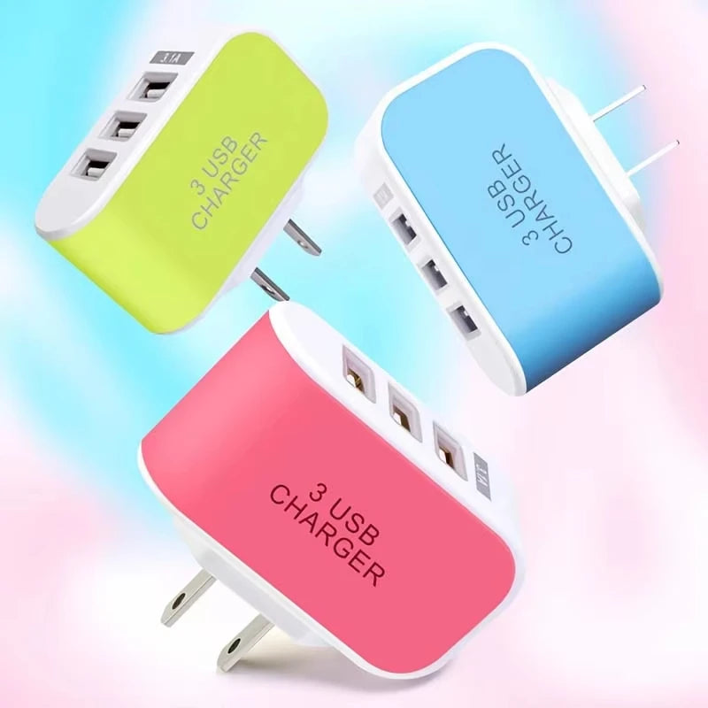 USB EU/US Plug LED 3-Port Travel Charger 5V 1A with LED Light - Candy Color