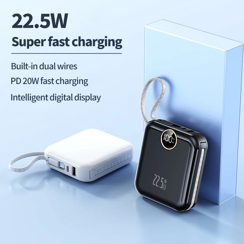 10000mAh Cute and compact portable power bank, 22.5W super fast charging, built-in cable, suitable for Phone