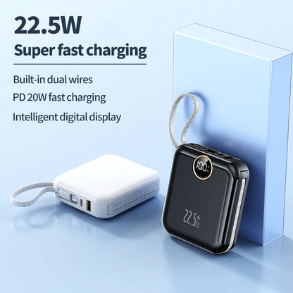 10000mAh Cute and compact portable power bank, 22.5W super fast charging, built-in cable, suitable for Phone
