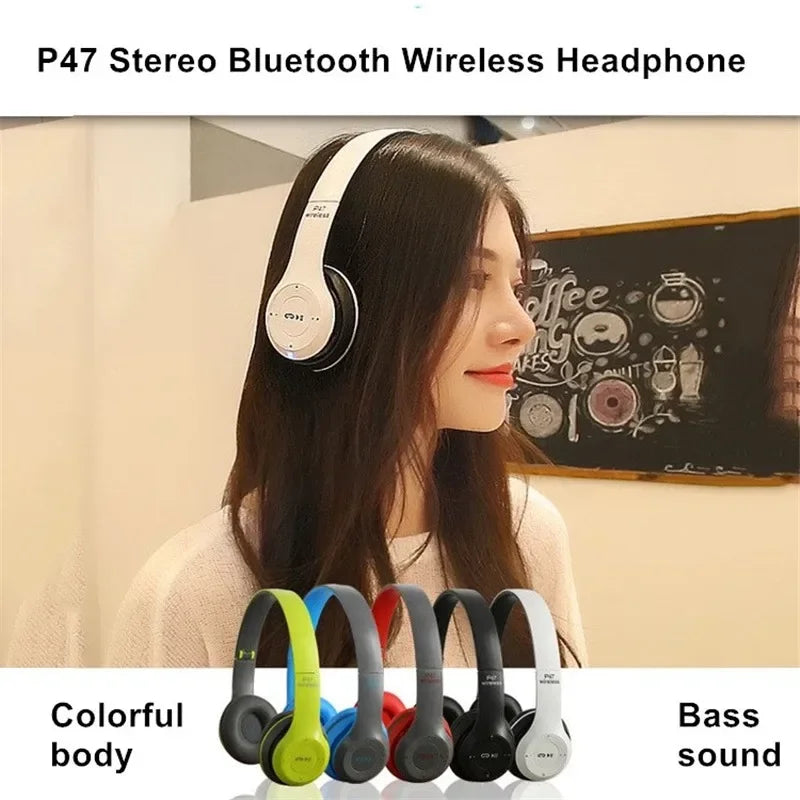 P47 Bluetooth 5.0 Wireless Headphones: Foldable HiFi Stereo Bass with Mic & USB Adapter