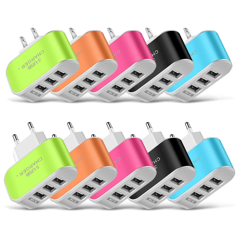 USB EU/US Plug LED 3-Port Travel Charger 5V 1A with LED Light - Candy Color