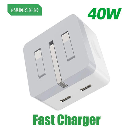 40W Dual USB-C Fast Charger Foldable Wall Adapter for iPhone, iPad, EU/UK/US Plug