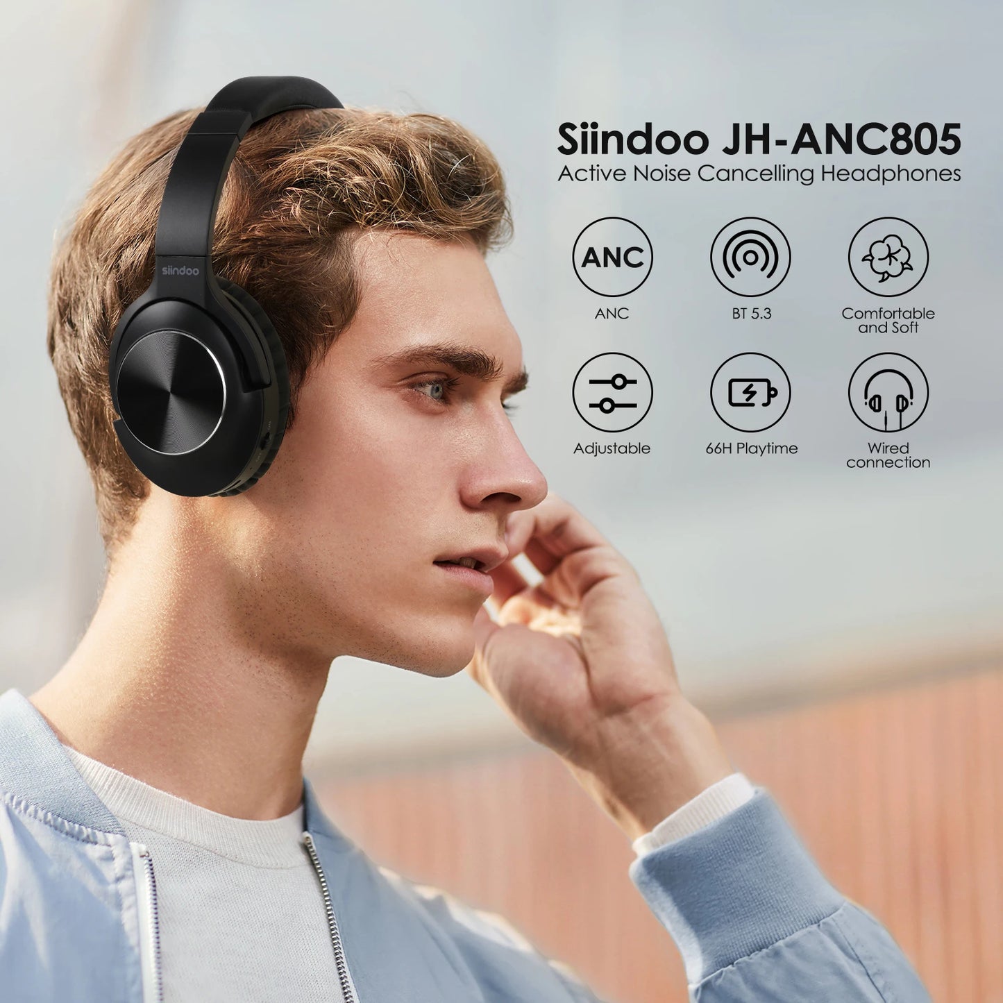 Wireless Active Noise Cancelling Headphones, Over Ear Bluetooth 5.3 Headset, 65 Hours Playback, Deep Bass, Built-in Mic