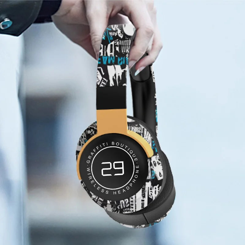 Fashionable Graffiti Headphones Wireless Bluetooth 5.1 Bass Built-in HD Mic DJ In Mic Light For PS4 PS5 PC Phone Gamer Earphone