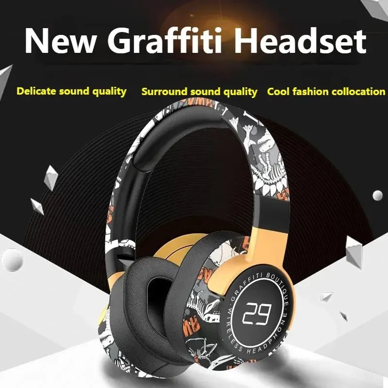 Fashionable Graffiti Headphones Wireless Bluetooth 5.1 Bass Built-in HD Mic DJ In Mic Light For PS4 PS5 PC Phone Gamer Earphone
