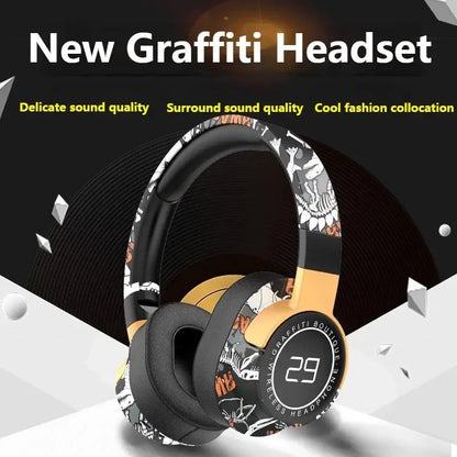 Fashionable Graffiti Headphones Wireless Bluetooth 5.1 Bass Built-in HD Mic DJ In Mic Light For PS4 PS5 PC Phone Gamer Earphone