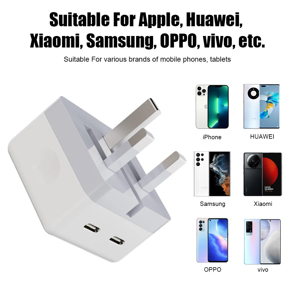 40W Dual USB-C Fast Charger Foldable Wall Adapter for iPhone, iPad, EU/UK/US Plug