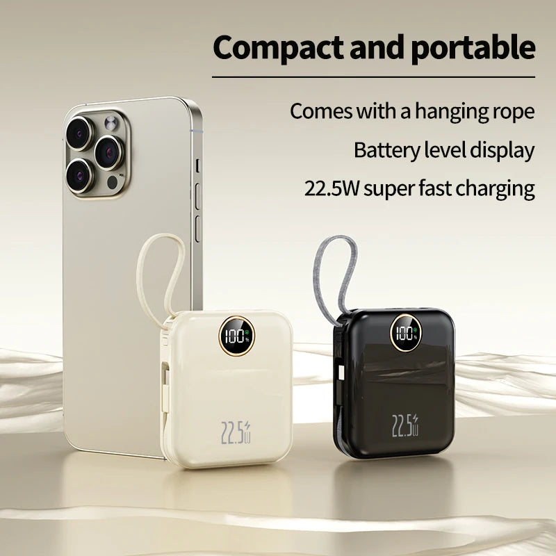 10000mAh Cute and compact portable power bank, 22.5W super fast charging, built-in cable, suitable for Phone