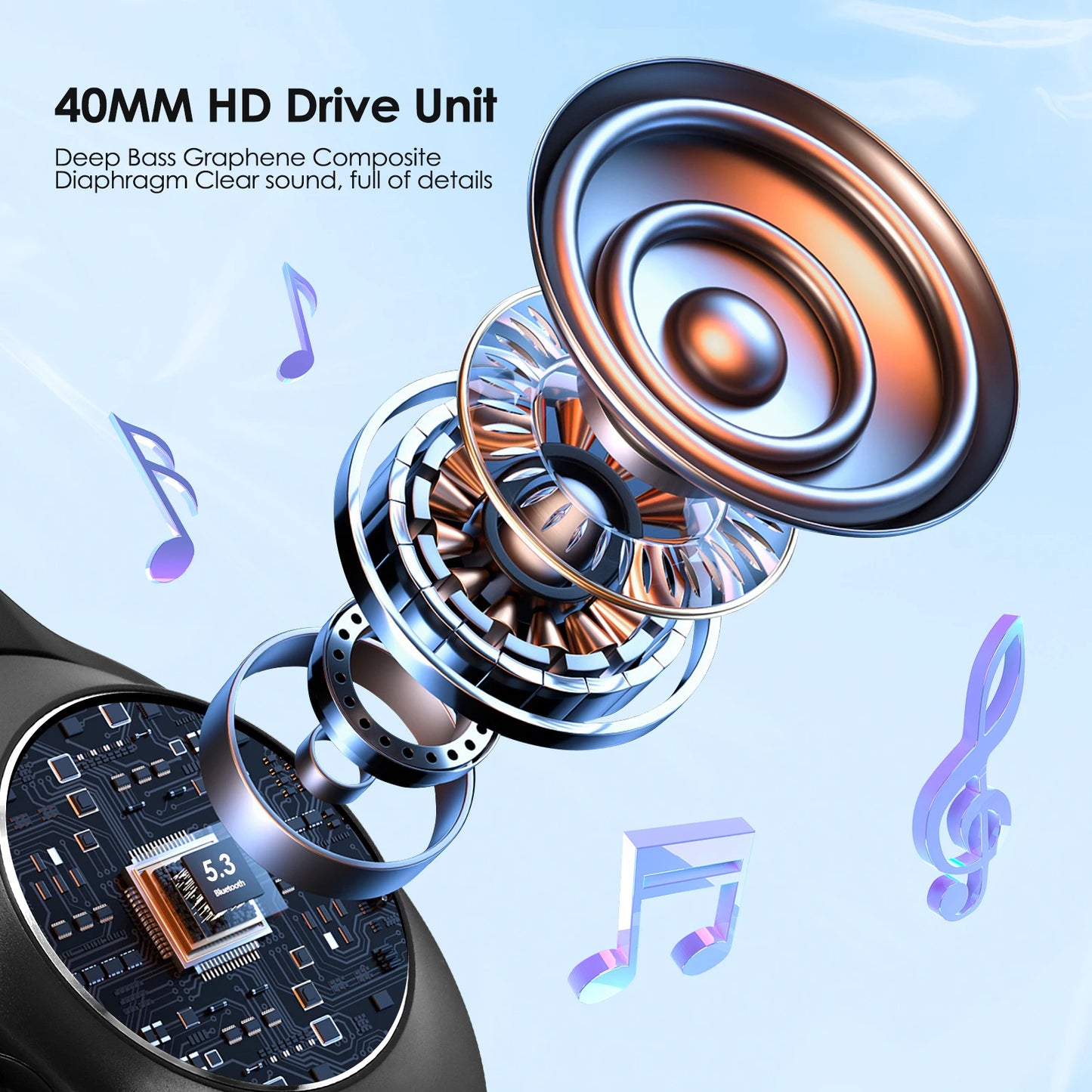 Wireless Active Noise Cancelling Headphones, Over Ear Bluetooth 5.3 Headset, 65 Hours Playback, Deep Bass, Built-in Mic