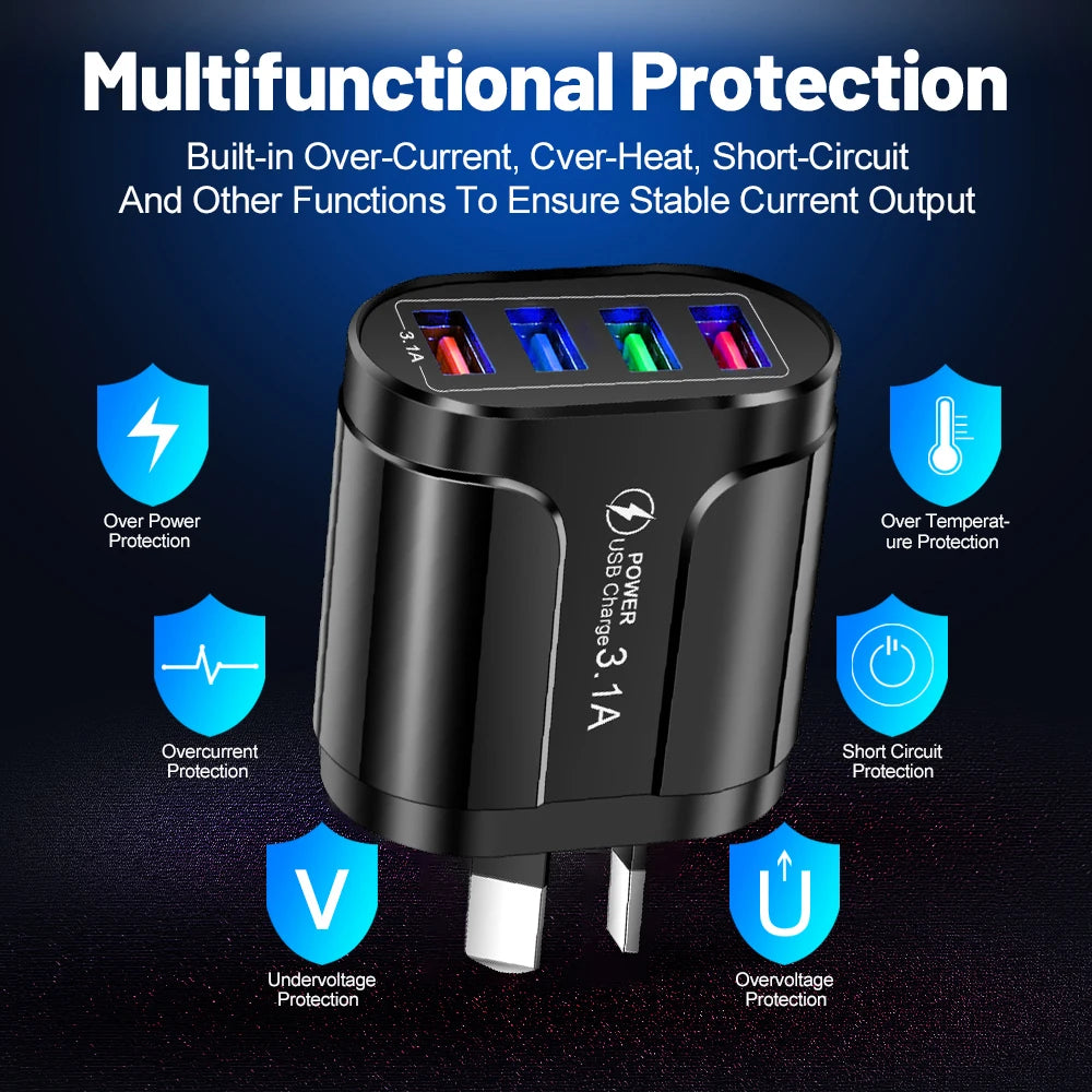 USB Fast Charger AU Plug - 4-Port 3.1A Quick Mobile Charger & Travel Adapter