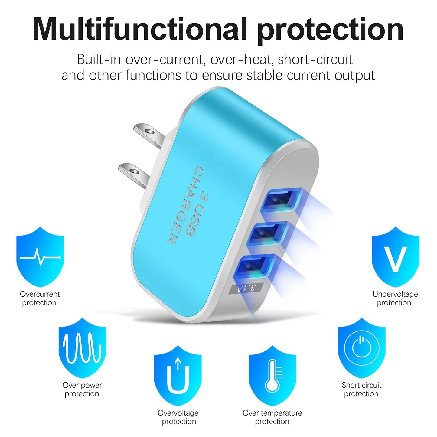 USB EU/US Plug LED 3-Port Travel Charger 5V 1A with LED Light - Candy Color